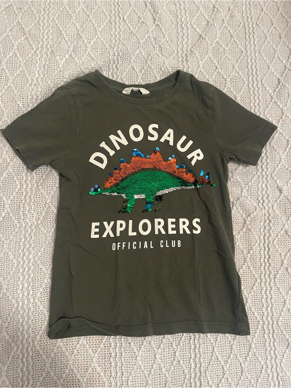 H&M Olive Green Short Sleeve Tee with Sequined Dinosaur